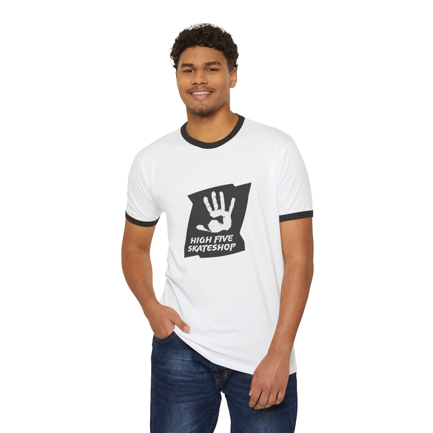 Unisex Skate Shop Ringer T-Shirt — "High Five Skateshop" Vintage Handprint Tee