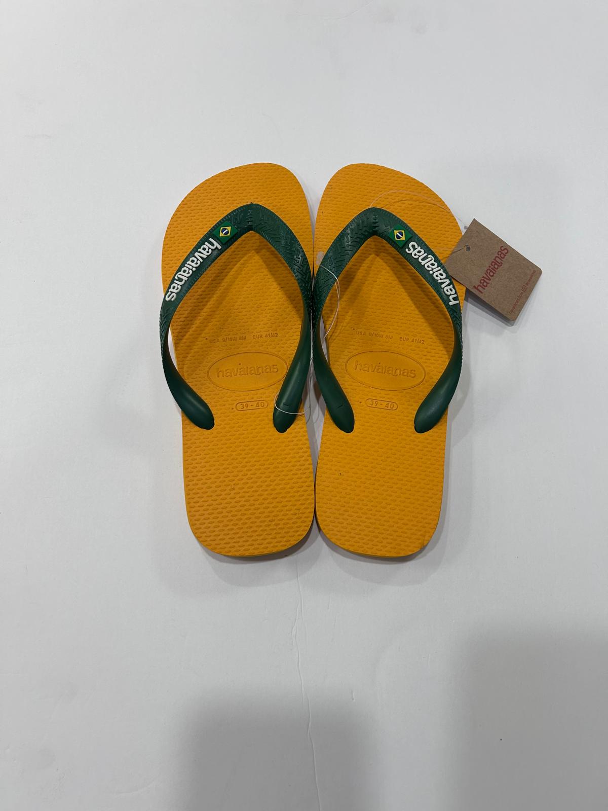 Yellow Havaianas Brazil Logo flip flops with green straps