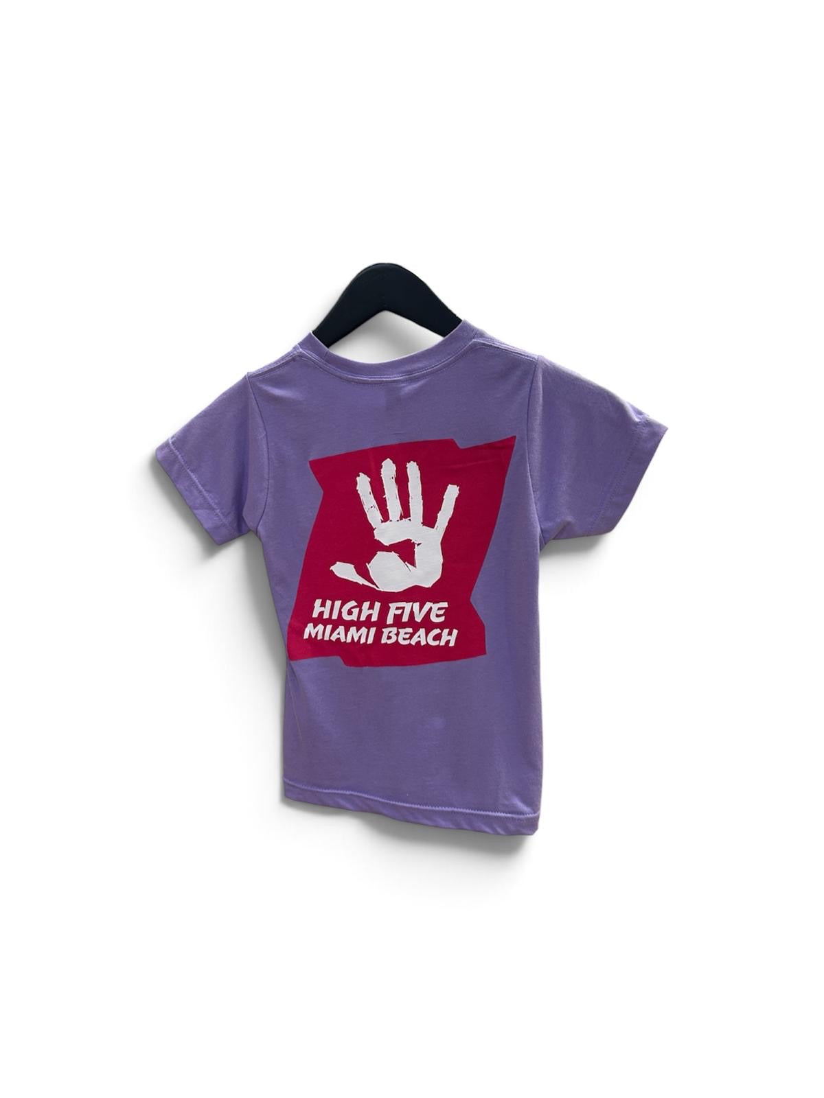 High Five lavender kids T-shirt back with Miami Beach logo