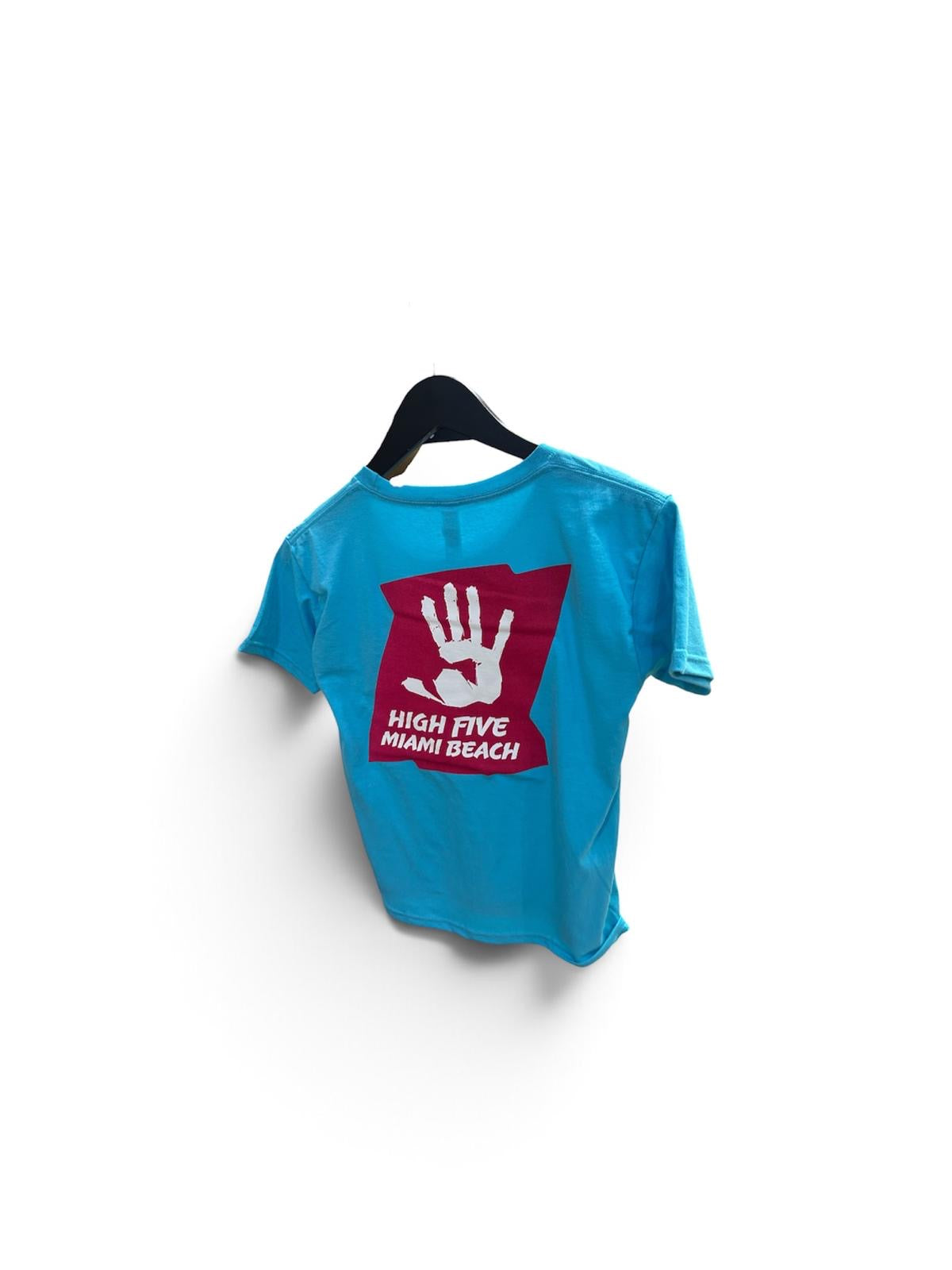 High Five turquoise kids T-shirt back with Miami Beach logo