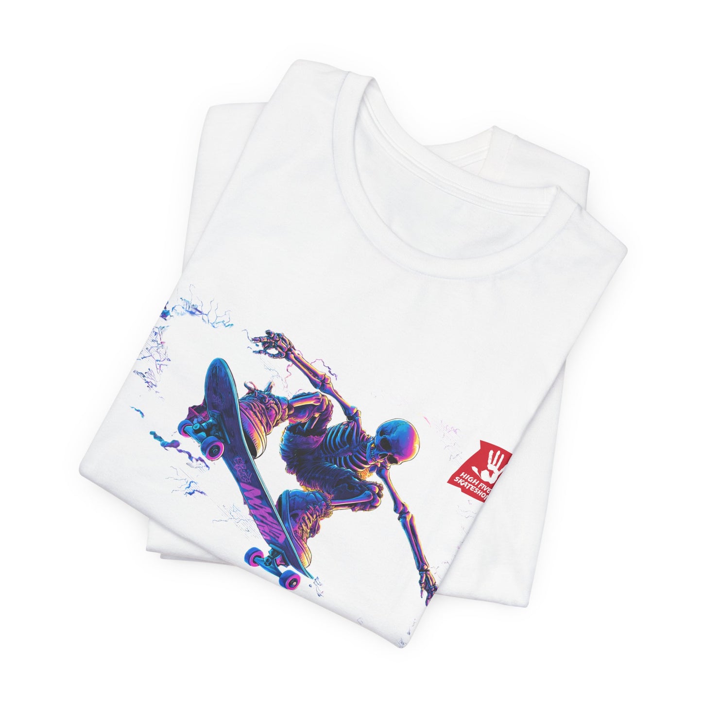 Skateboarder Action Graphic Tee — Dynamic Neon Skeleton Skateboard T‑Shirt