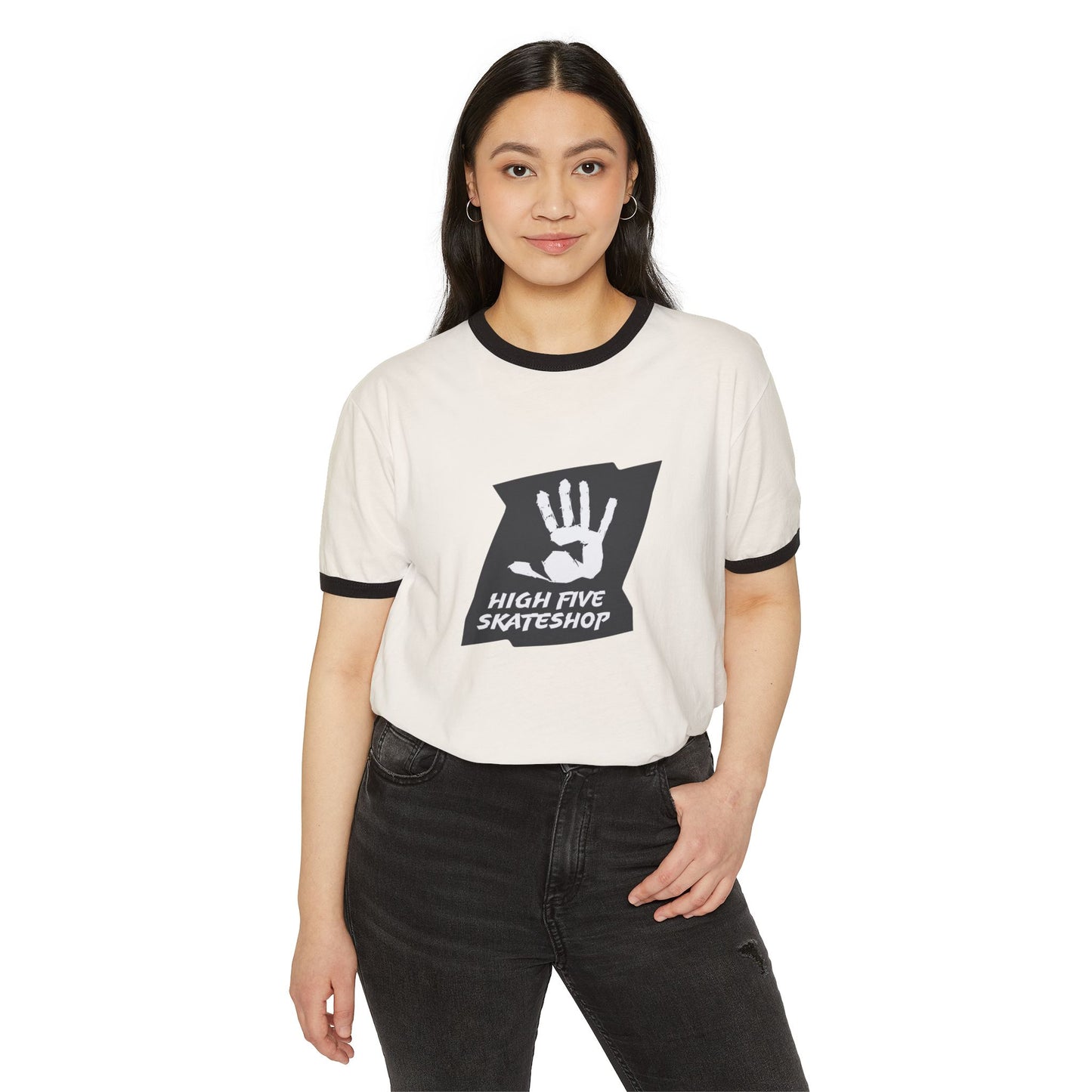 Unisex Skate Shop Ringer T-Shirt — "High Five Skateshop" Vintage Handprint Tee