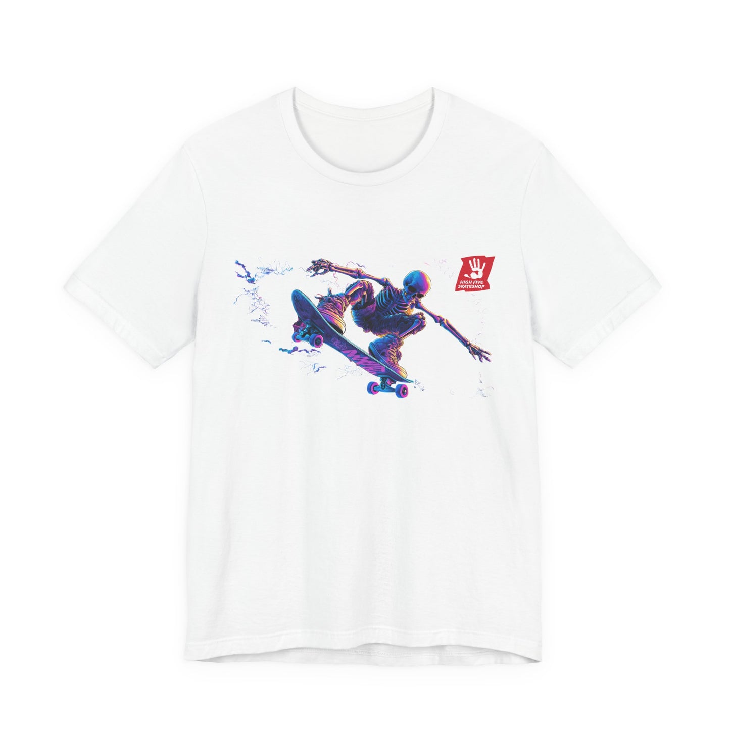 Skateboarder Action Graphic Tee — Dynamic Neon Skeleton Skateboard T‑Shirt
