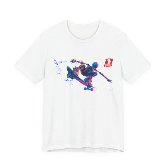 Skateboarder Action Graphic Tee — Dynamic Neon Skeleton Skateboard T‑Shirt