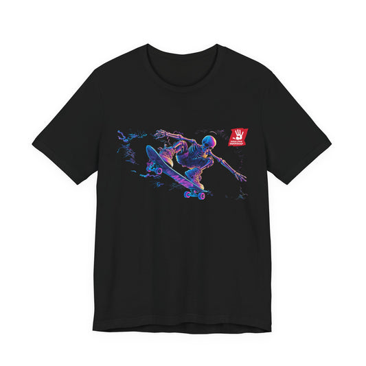 Skateboarder Action Graphic Tee — Dynamic Neon Skeleton Skateboard T‑Shirt