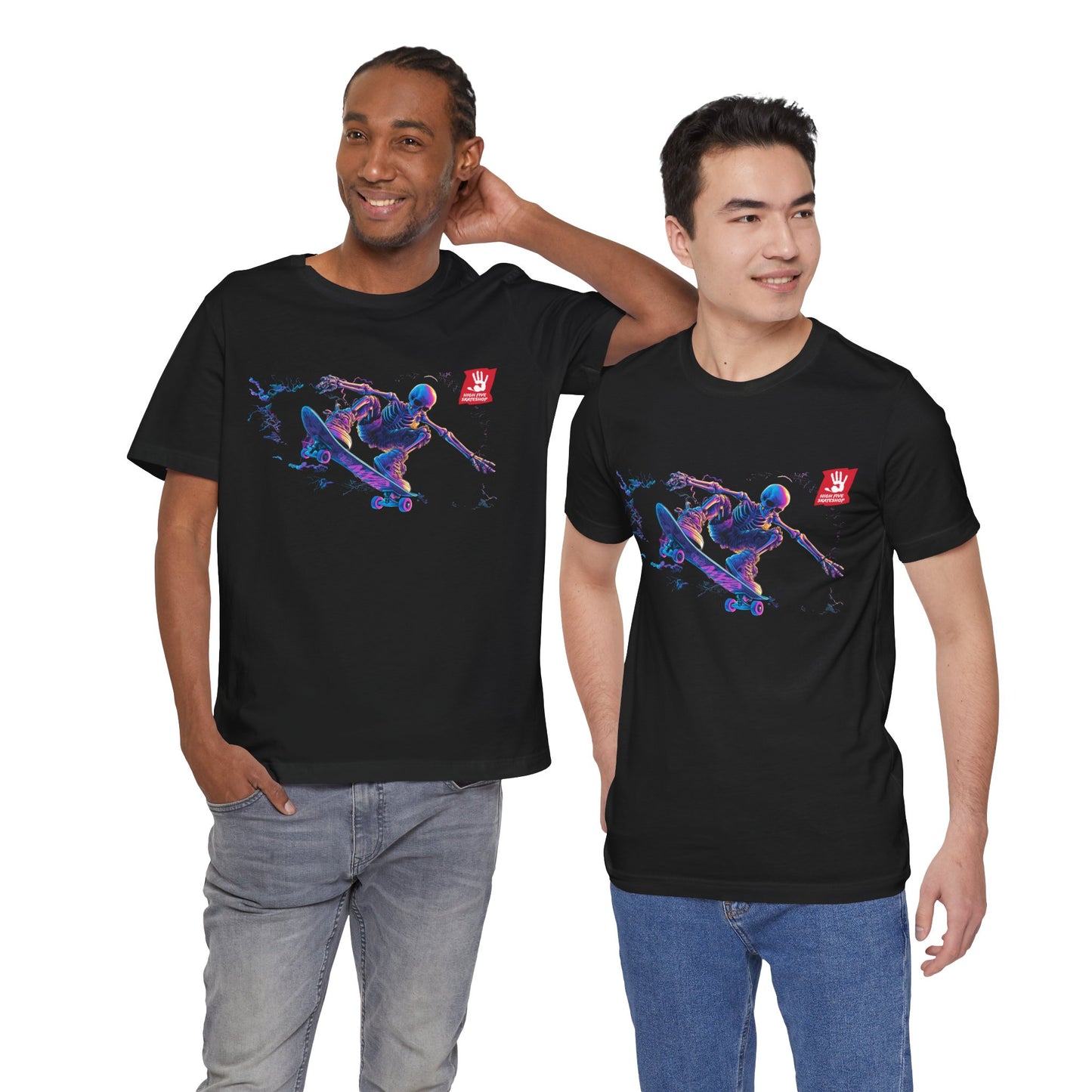 Skateboarder Action Graphic Tee — Dynamic Neon Skeleton Skateboard T‑Shirt