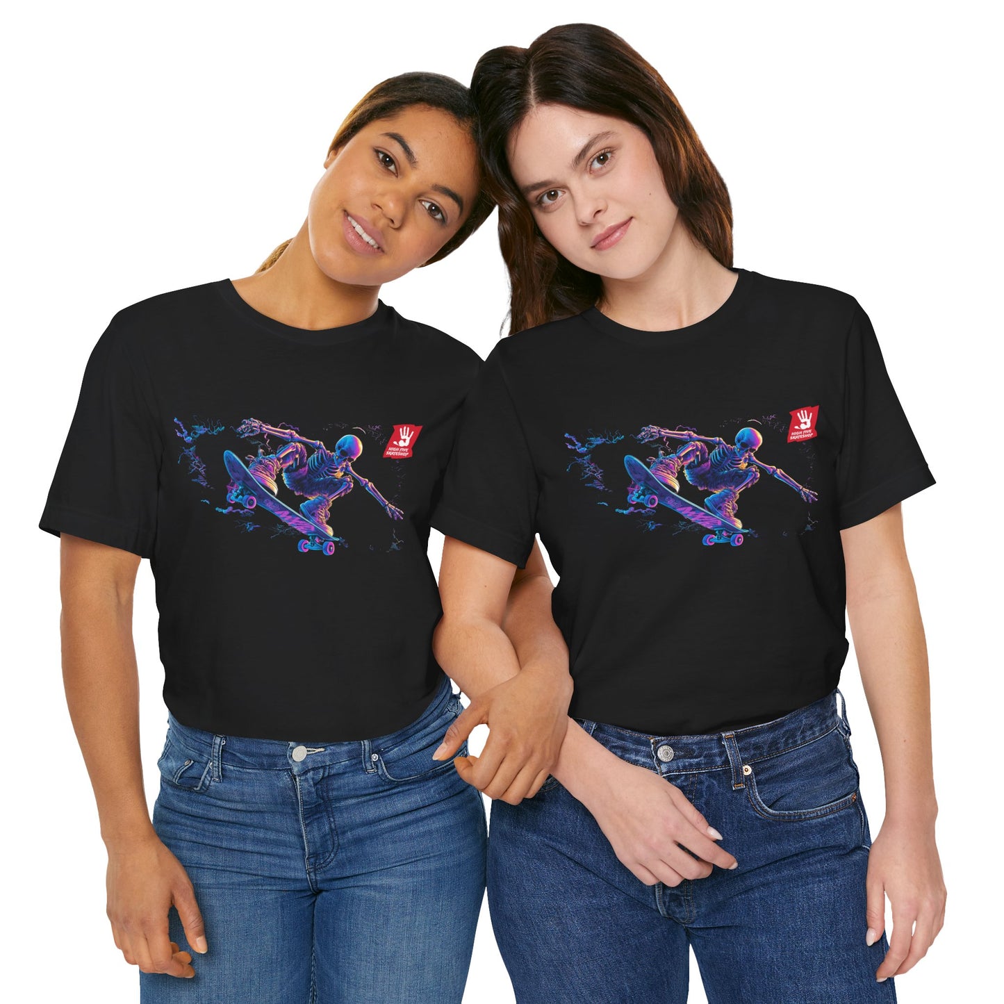 Skateboarder Action Graphic Tee — Dynamic Neon Skeleton Skateboard T‑Shirt
