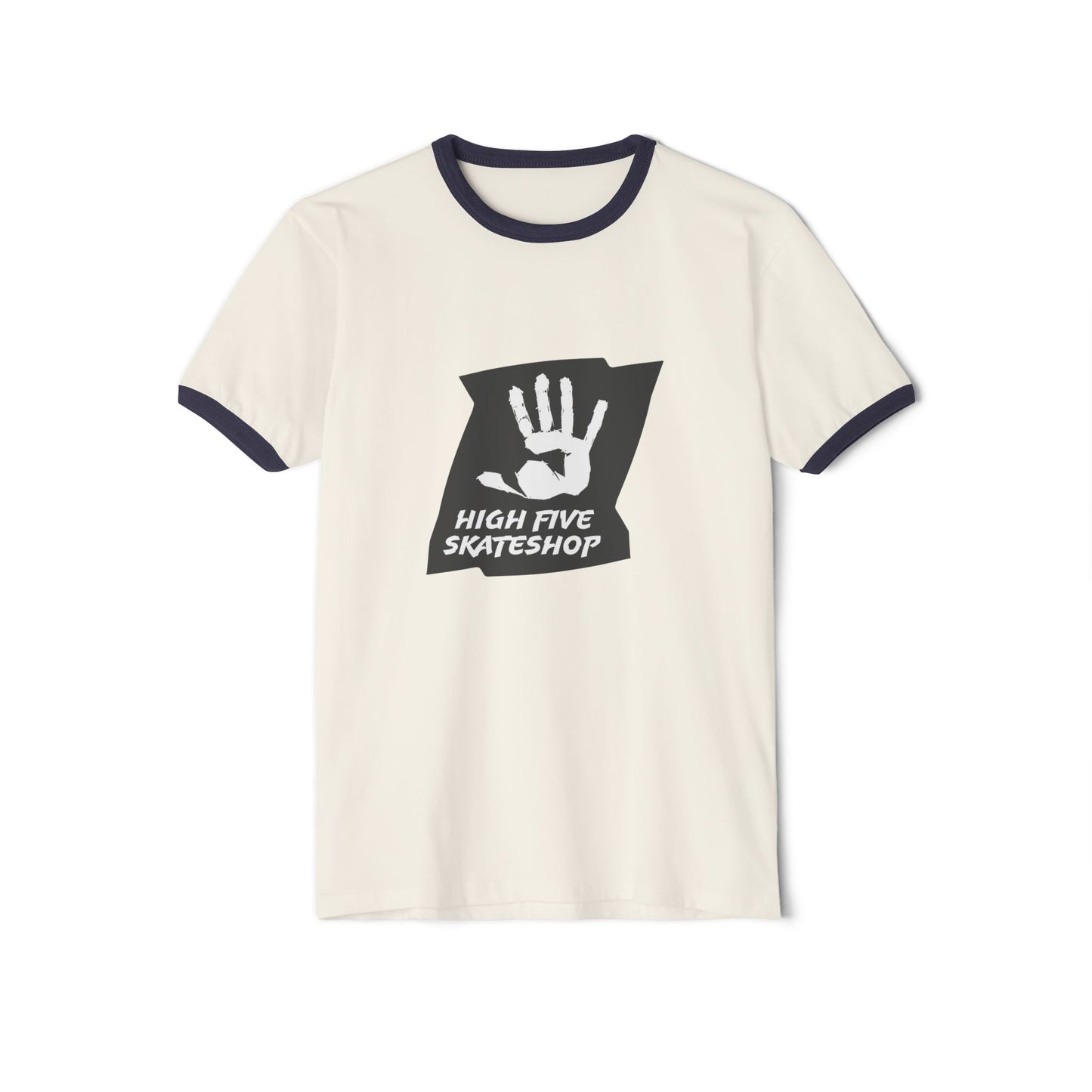 Unisex Skate Shop Ringer T-Shirt — "High Five Skateshop" Vintage Handprint Tee