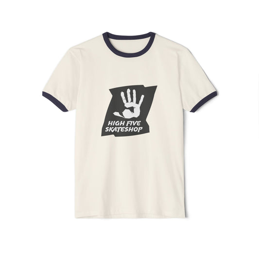 Unisex Skate Shop Ringer T-Shirt — "High Five Skateshop" Vintage Handprint Tee