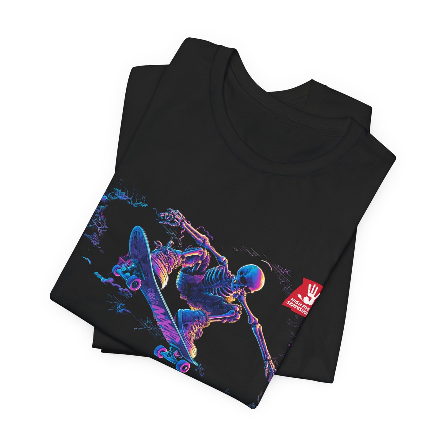 Skateboarder Action Graphic Tee — Dynamic Neon Skeleton Skateboard T‑Shirt