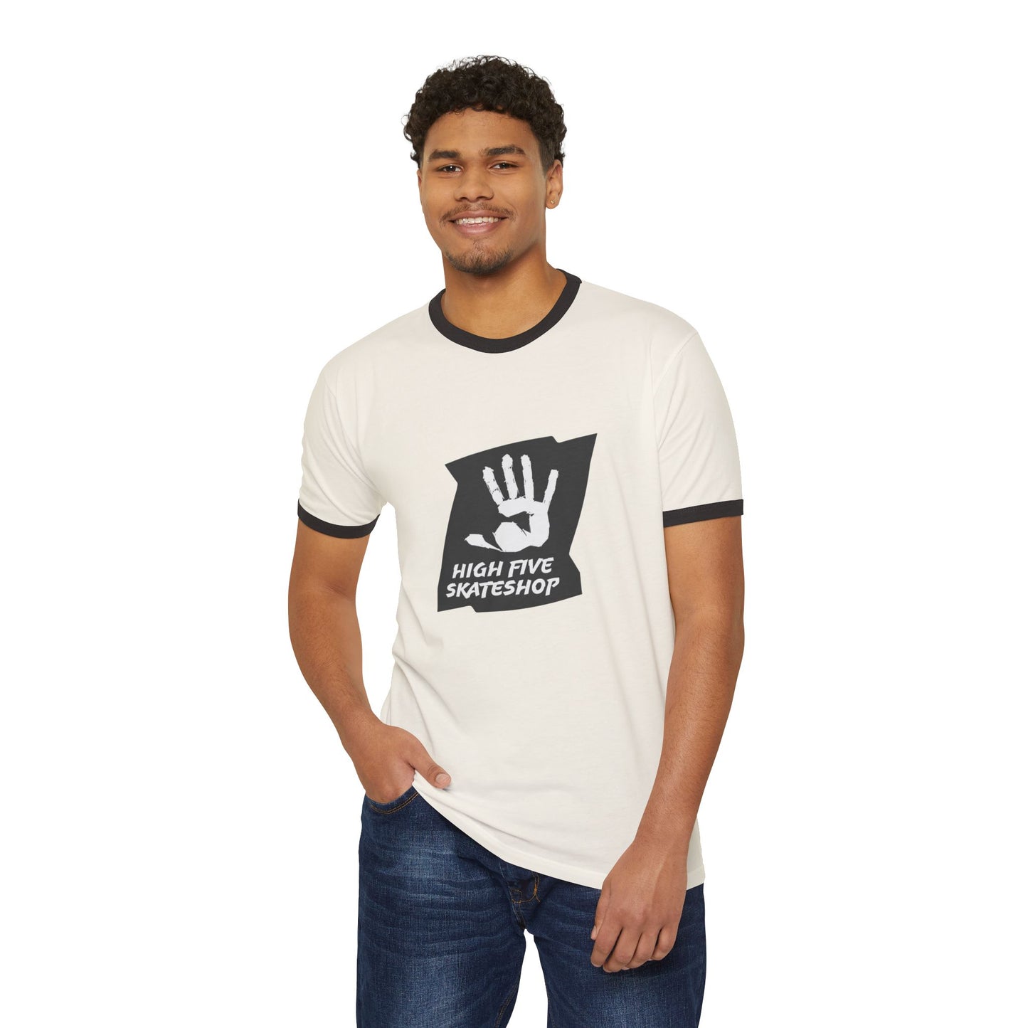 Unisex Skate Shop Ringer T-Shirt — "High Five Skateshop" Vintage Handprint Tee
