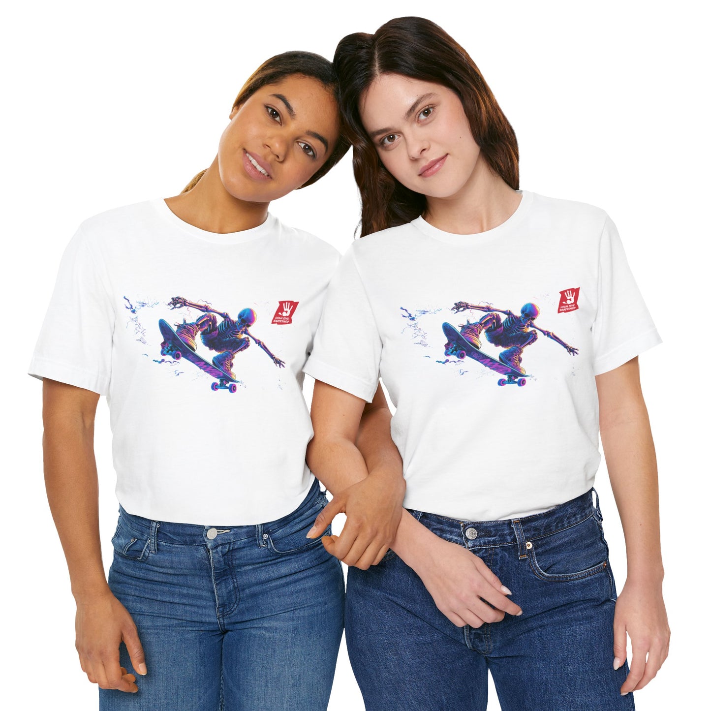 Skateboarder Action Graphic Tee — Dynamic Neon Skeleton Skateboard T‑Shirt