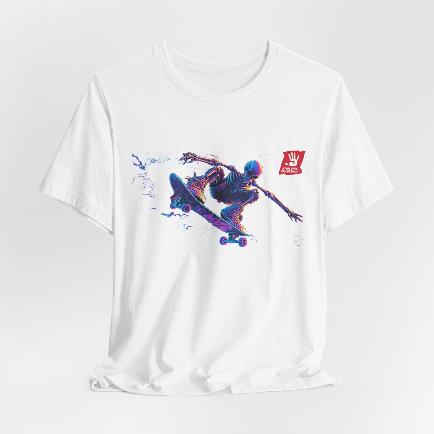 Skateboarder Action Graphic Tee — Dynamic Neon Skeleton Skateboard T‑Shirt