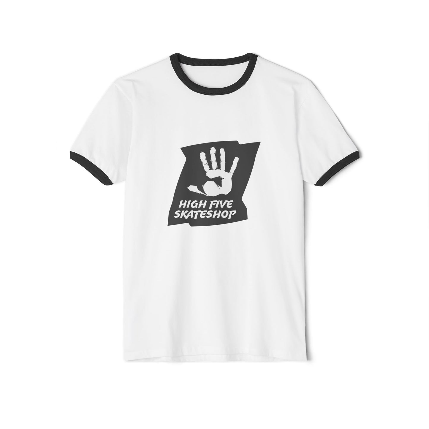 Unisex Skate Shop Ringer T-Shirt — "High Five Skateshop" Vintage Handprint Tee
