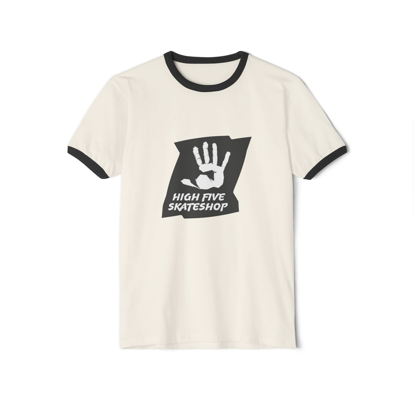 Unisex Skate Shop Ringer T-Shirt — "High Five Skateshop" Vintage Handprint Tee