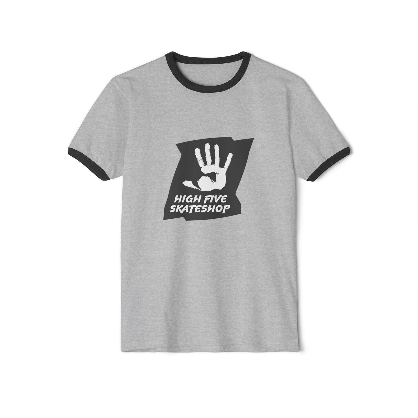 Unisex Skate Shop Ringer T-Shirt — "High Five Skateshop" Vintage Handprint Tee