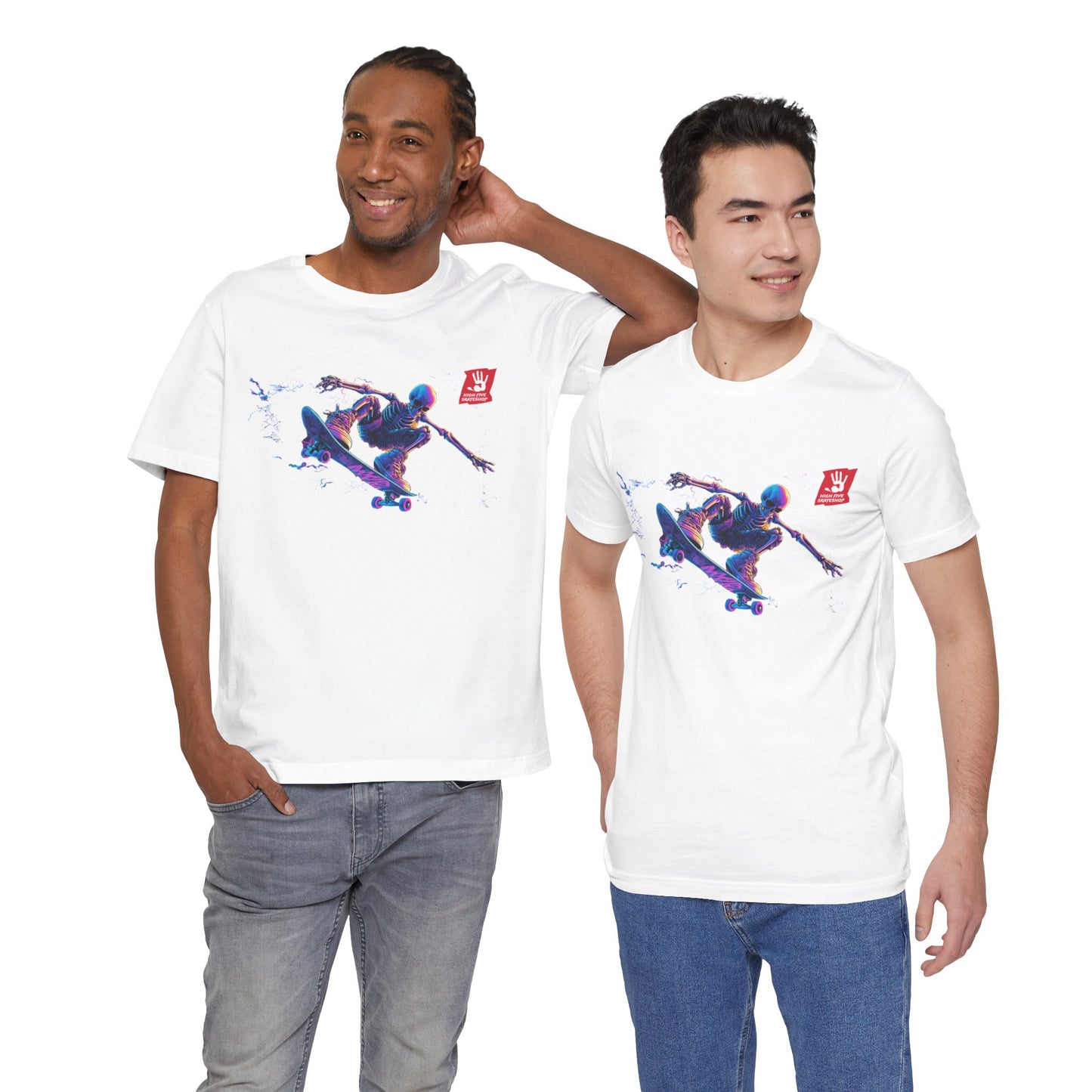 Skateboarder Action Graphic Tee — Dynamic Neon Skeleton Skateboard T‑Shirt