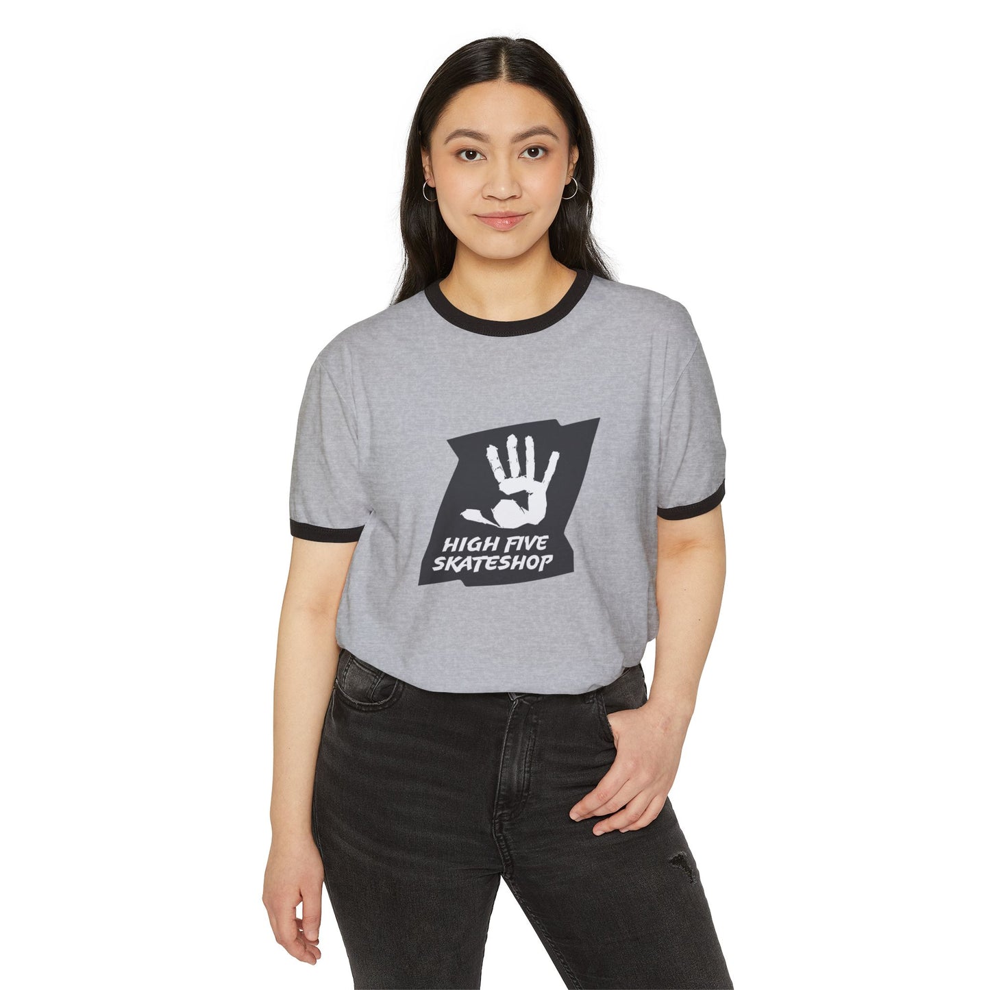 Unisex Skate Shop Ringer T-Shirt — "High Five Skateshop" Vintage Handprint Tee