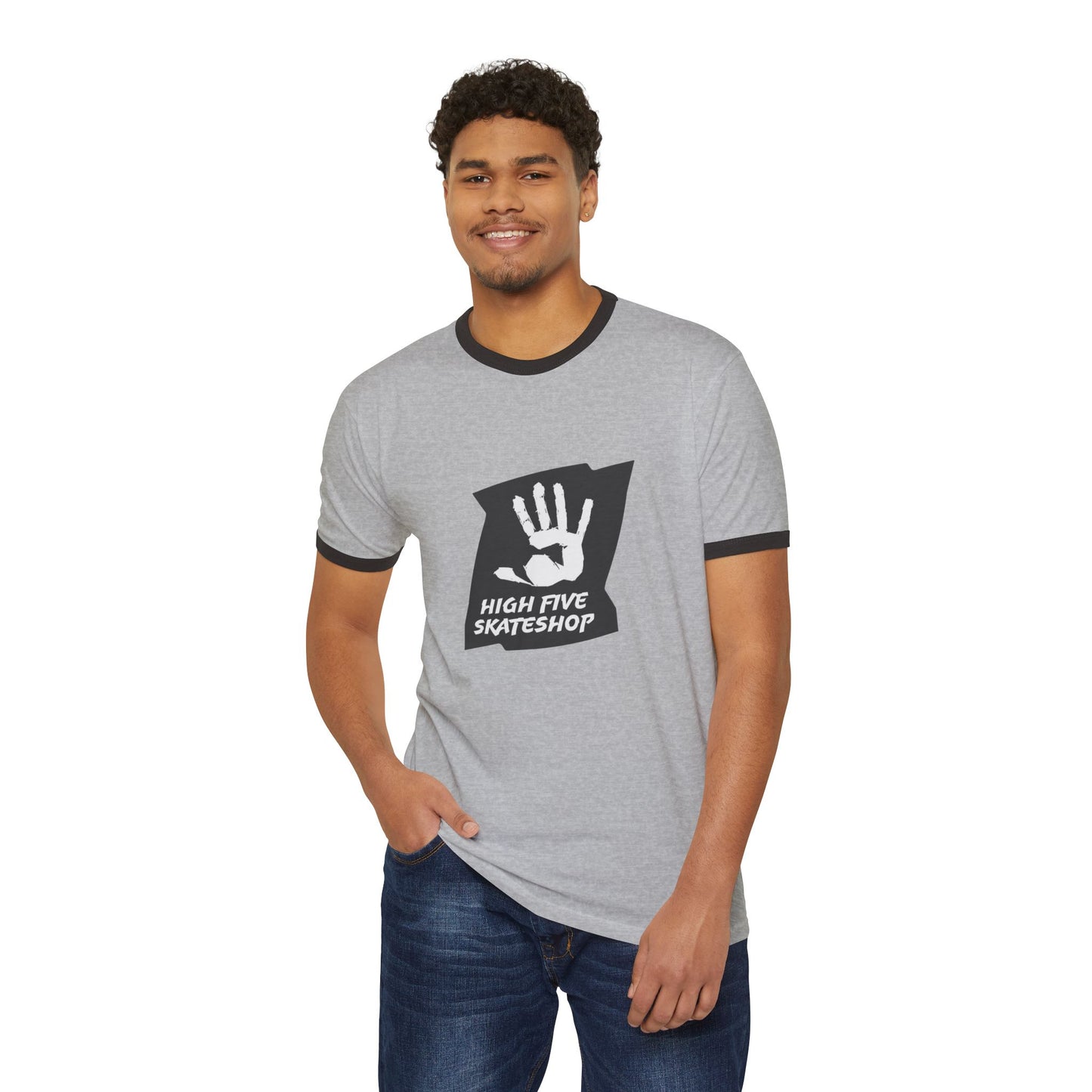 Unisex Skate Shop Ringer T-Shirt — "High Five Skateshop" Vintage Handprint Tee