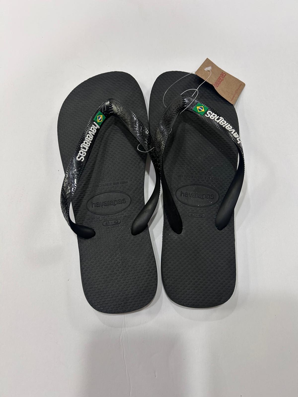 Black Havaianas Brazil Logo flip flops with white logo and Brazilian flag
