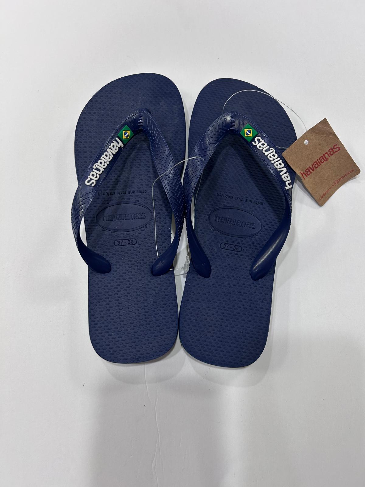 Navy Havaianas Brazil Logo flip flops with white logo and Brazilian flag