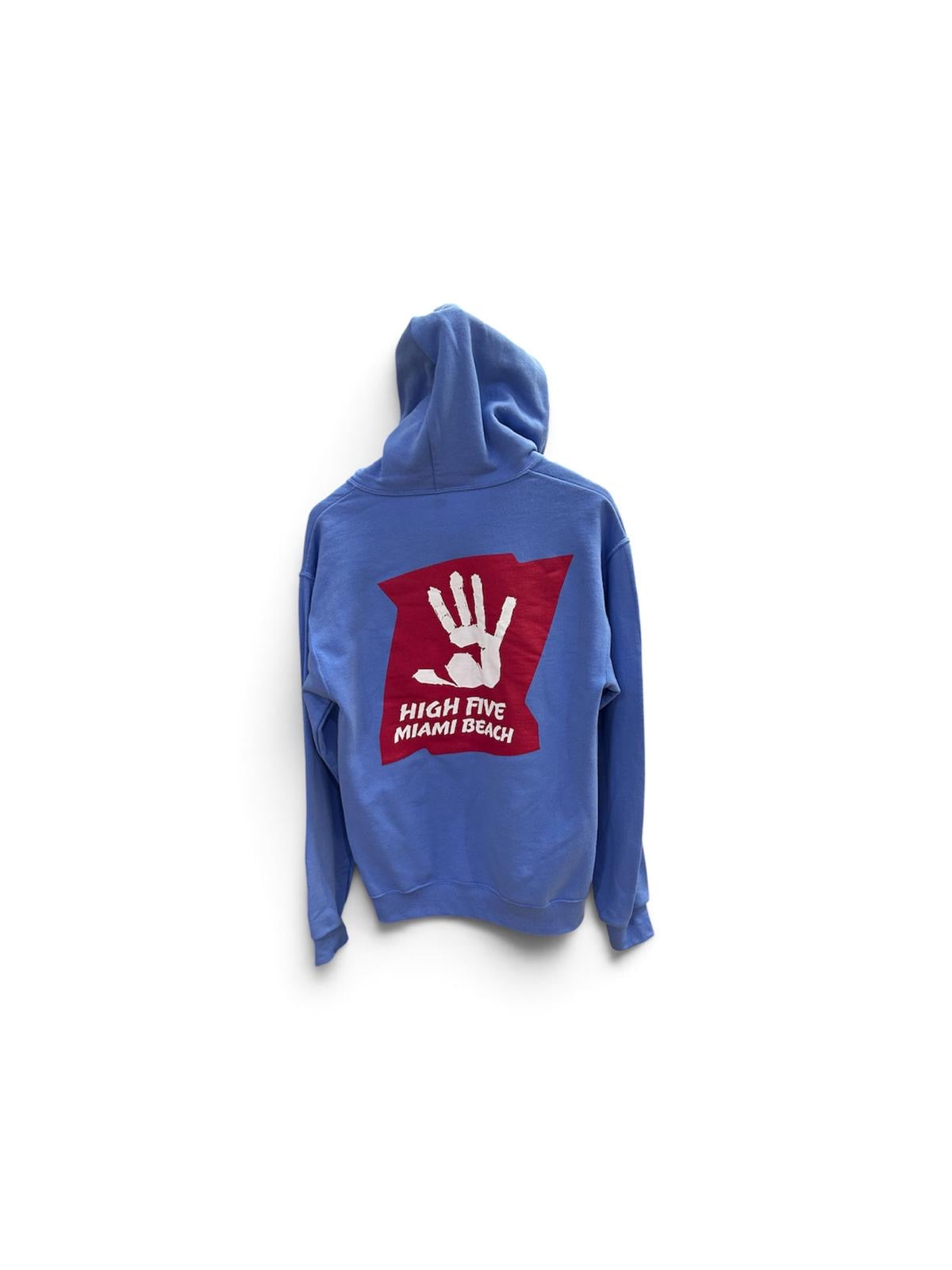 High Five blue hoodie back with large Miami Beach logo