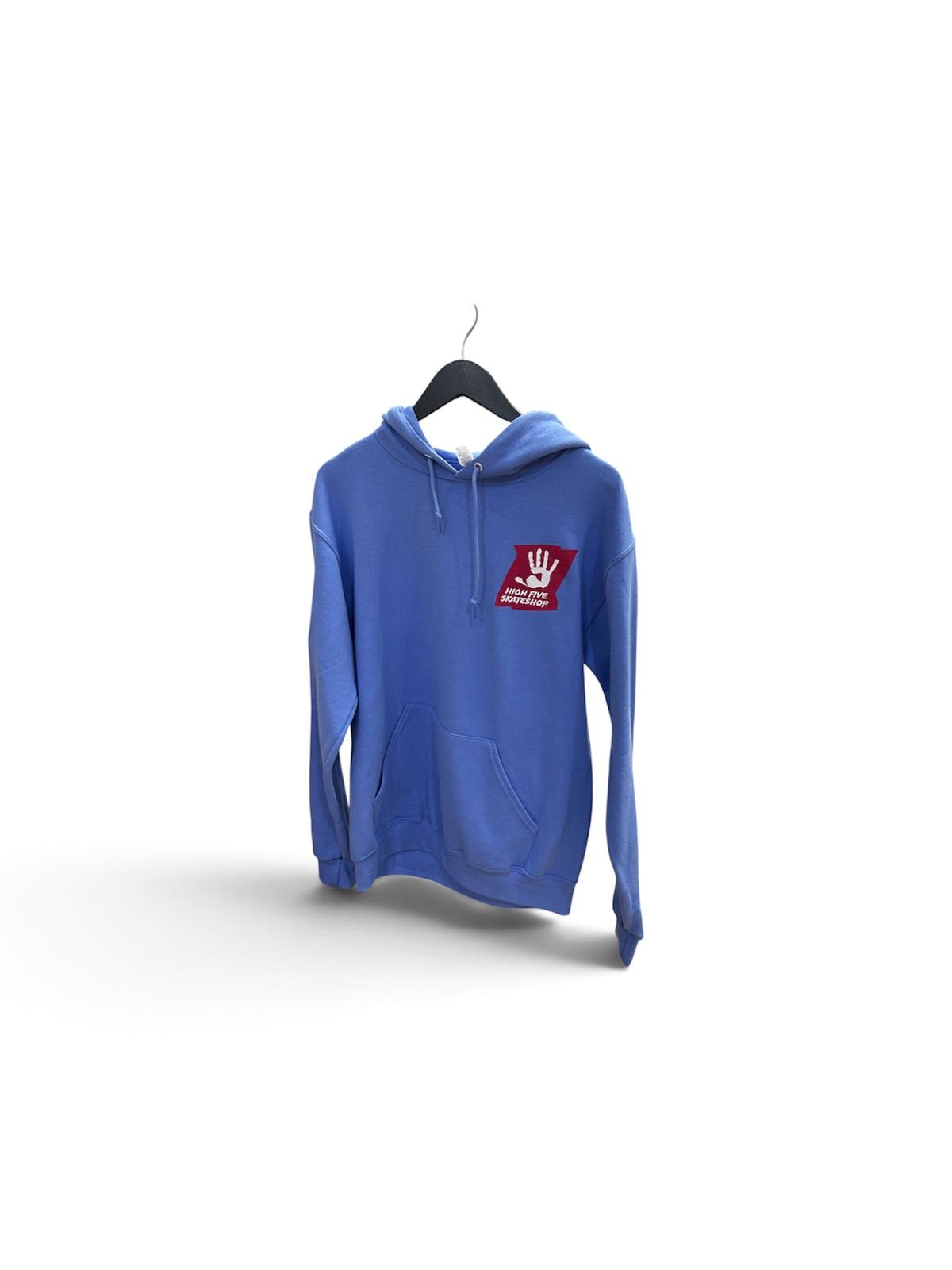 High Five blue pullover hoodie front with logo and kangaroo pocket