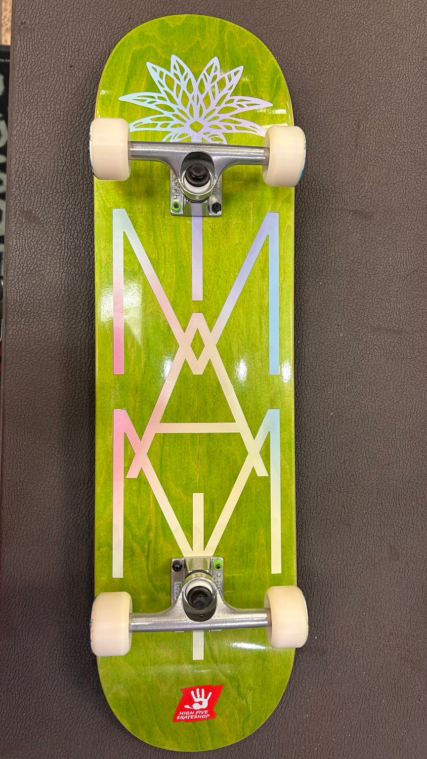High Five one-of-a-kind green complete skateboard – bottom view