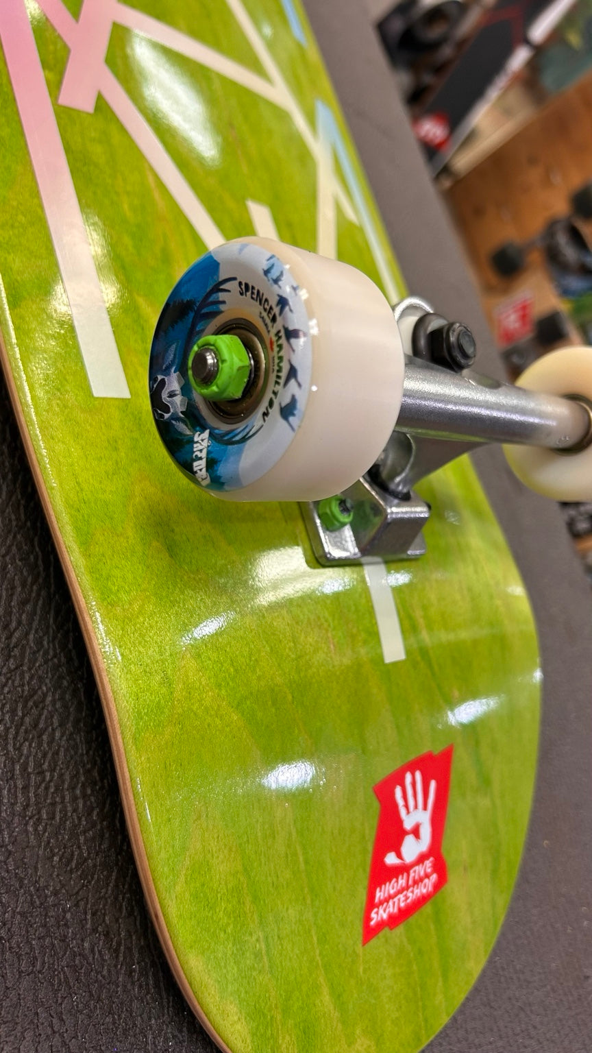 High Five green complete skateboard – SML Spencer Hamilton wheel close-up