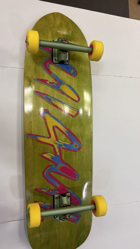 High Five green-stain graphic complete with yellow Orangatang Skiff wheels