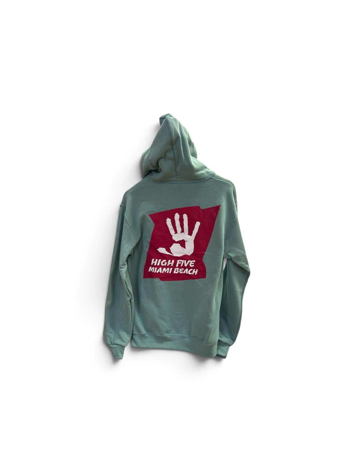 High Five green hoodie back with large Miami Beach logo