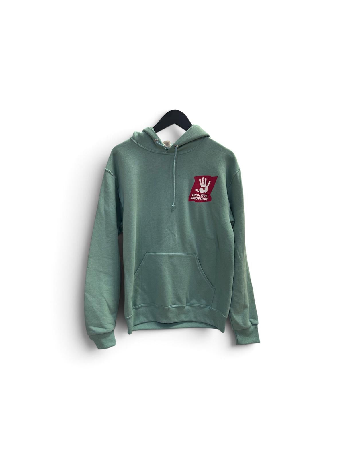 High Five green pullover hoodie front with logo and kangaroo pocket