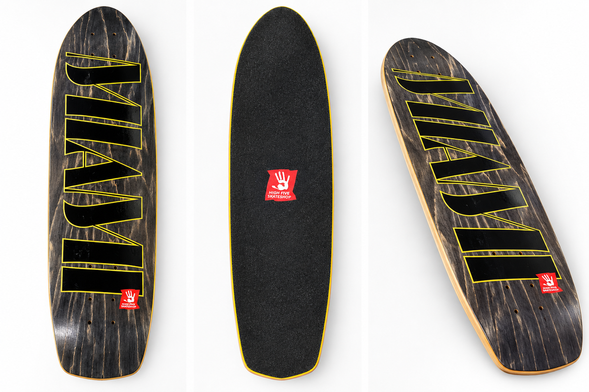 High Five Miami black and yellow skateboard deck with black grip tape