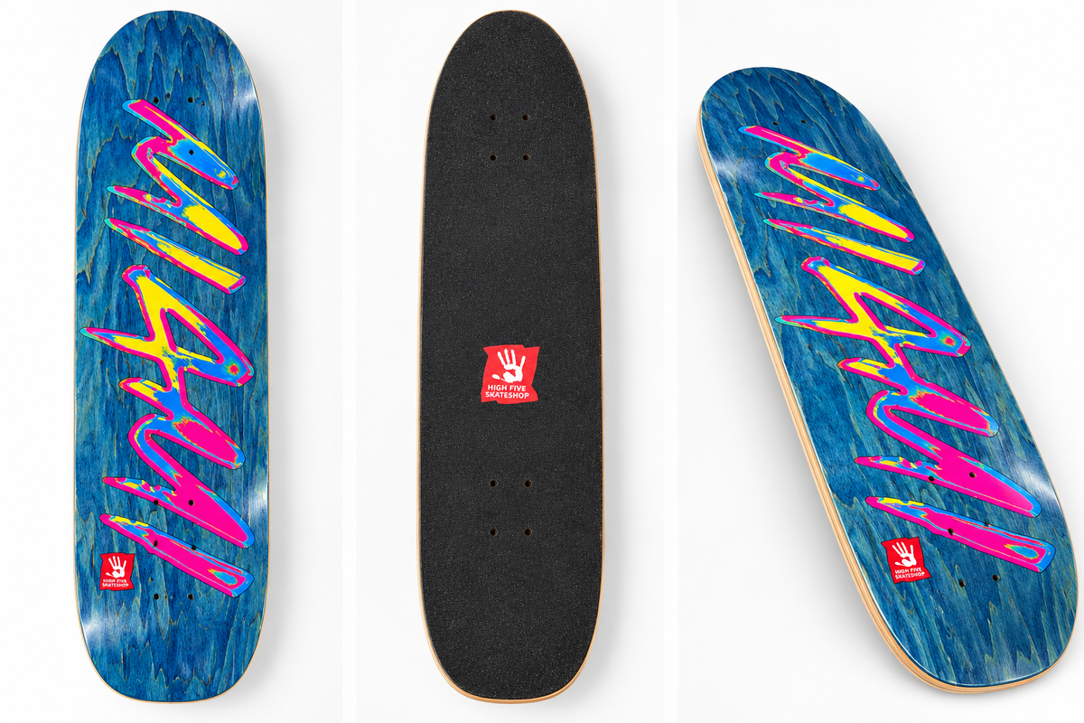 High Five Miami blue graffiti skateboard deck with black grip tape