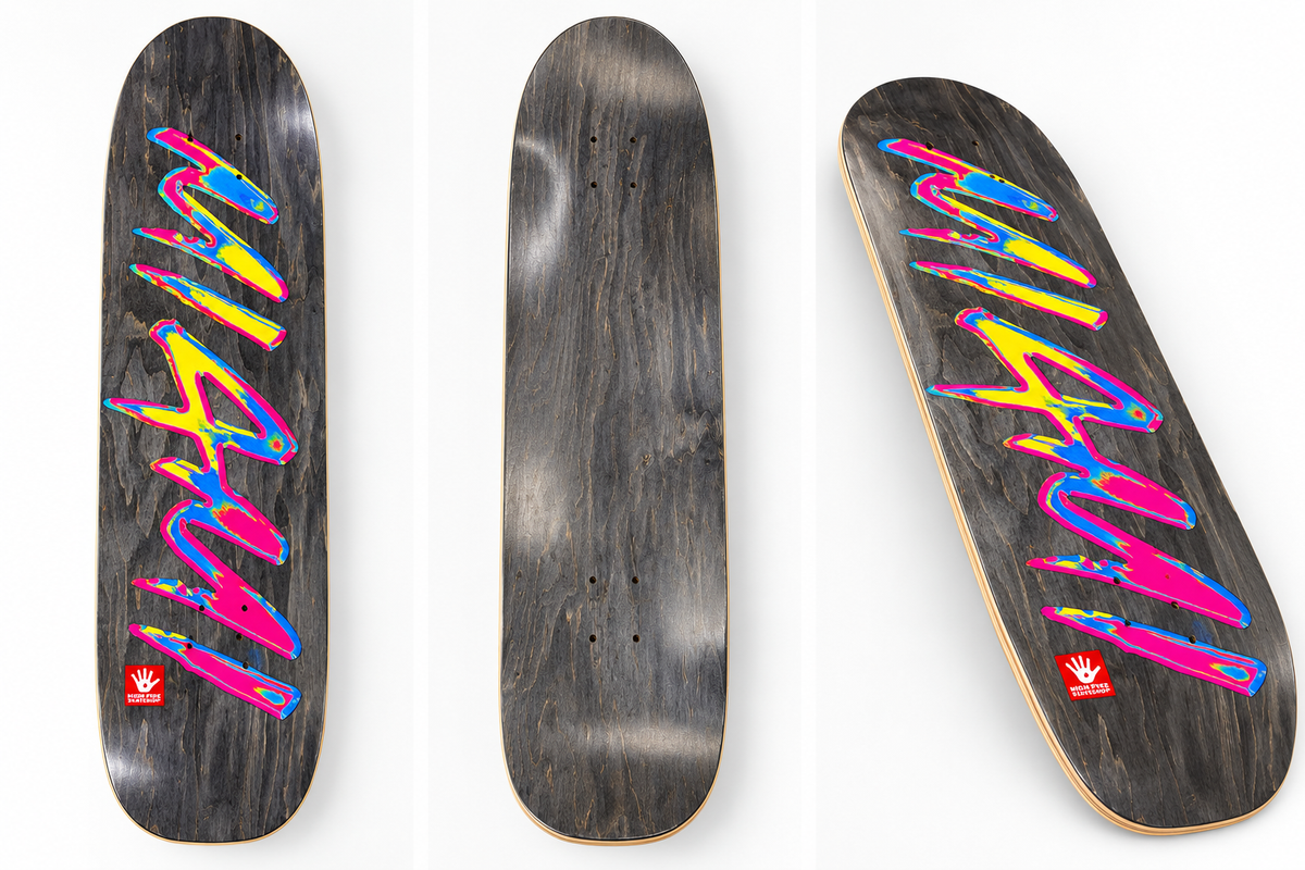 High Five Miami graffiti dark wood skateboard deck, no grip tape