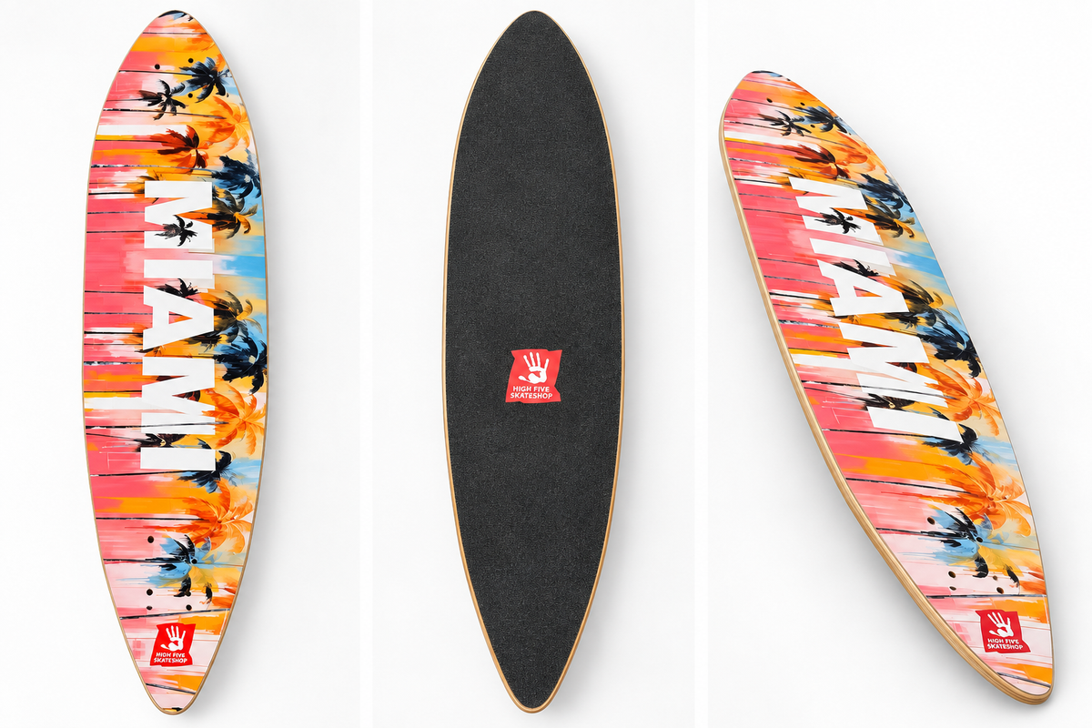 High Five Miami palm sunset deck with black grip tape