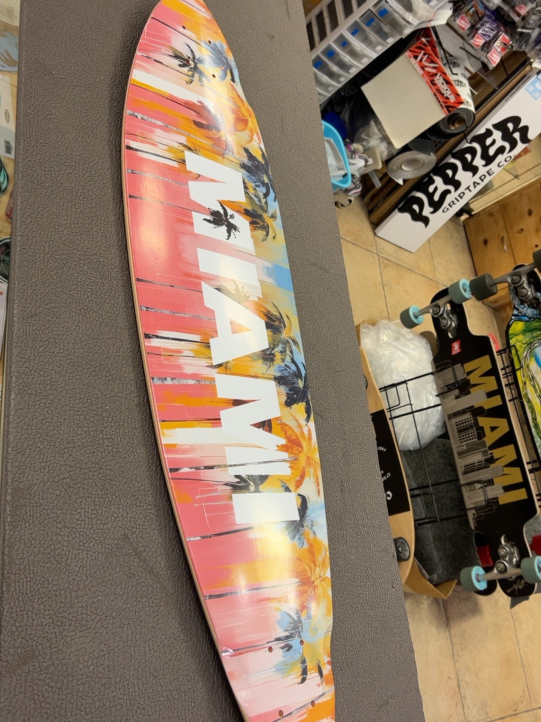 High Five Miami coral palm-tree pintail deck graphic