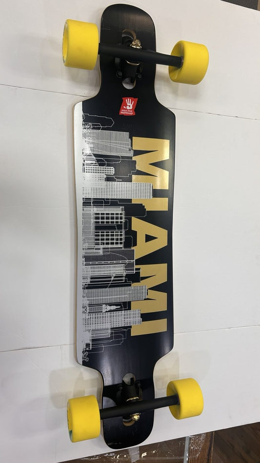 High Five Miami complete longboard with yellow Orangatang Durian wheels