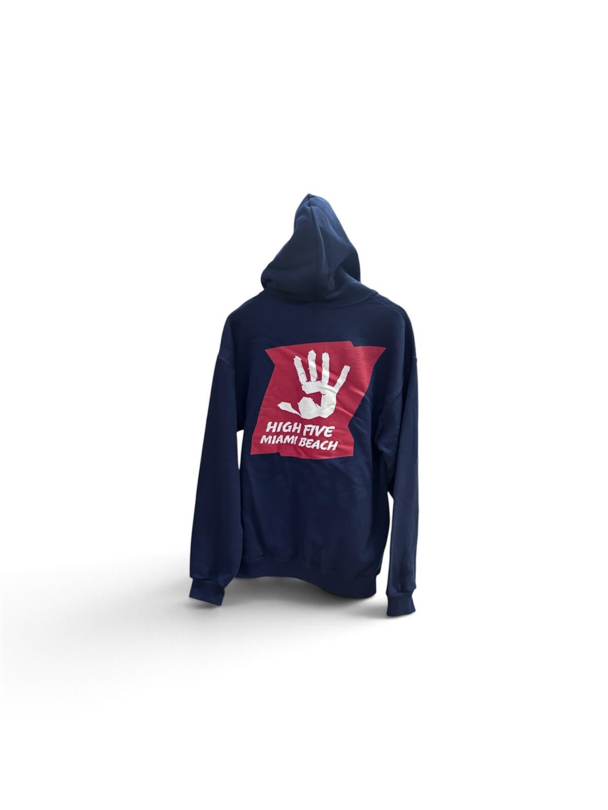High Five navy hoodie back with large Miami Beach logo