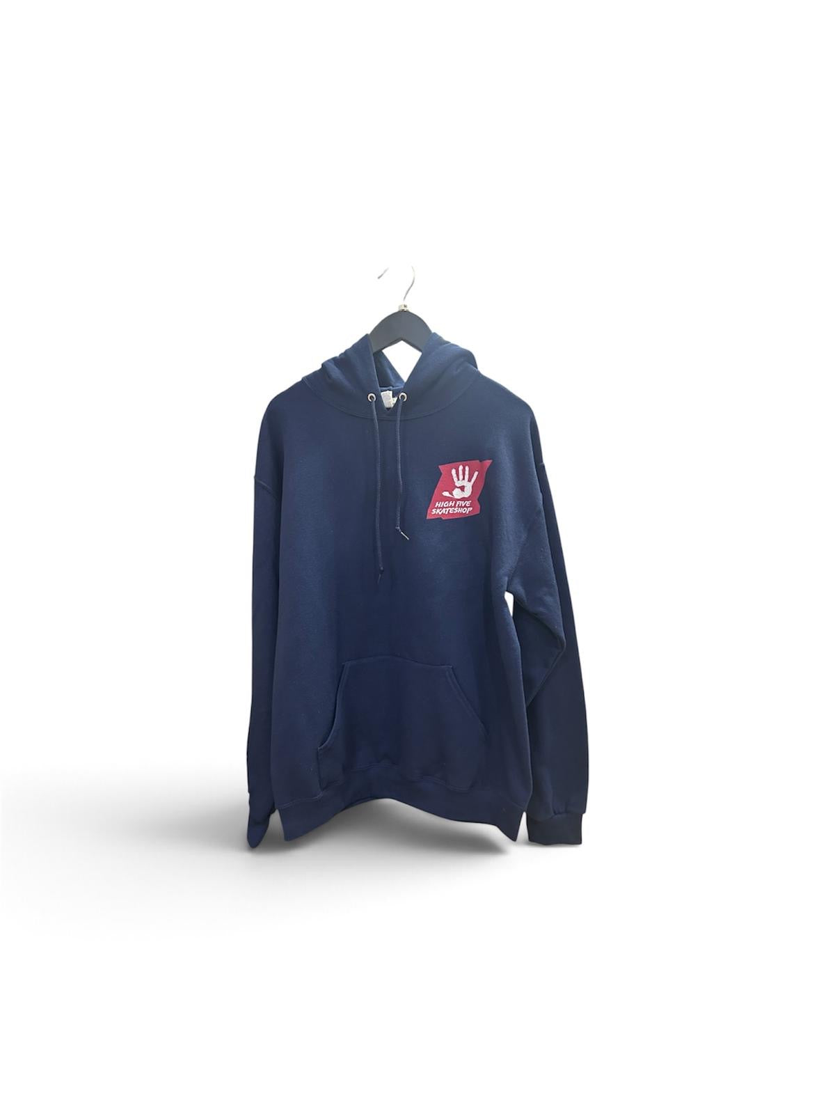 High Five navy pullover hoodie front with logo and kangaroo pocket