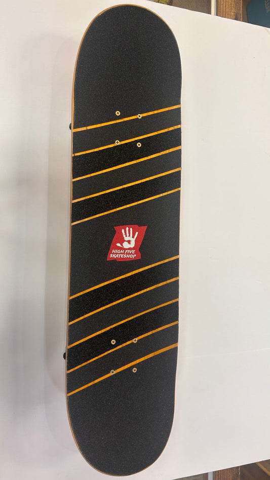 High Five orange complete skateboard with handmade grip, Ace trucks and Autonomy wheels