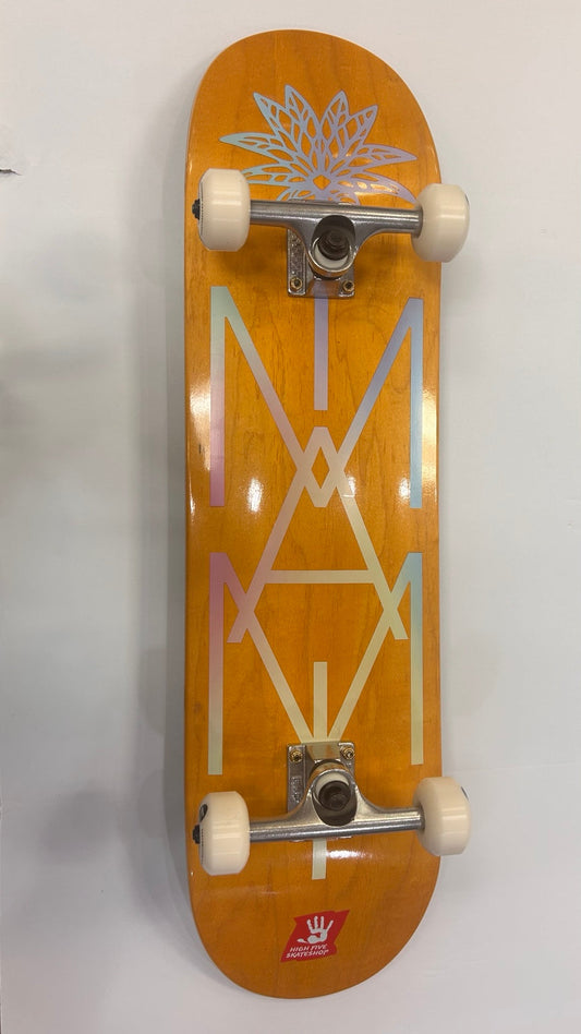 High Five orange complete skateboard with handmade grip, Ace trucks and Autonomy wheels