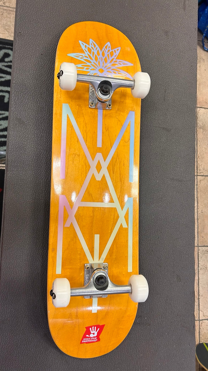 High Five orange one-of-a-kind complete skateboard – bottom view