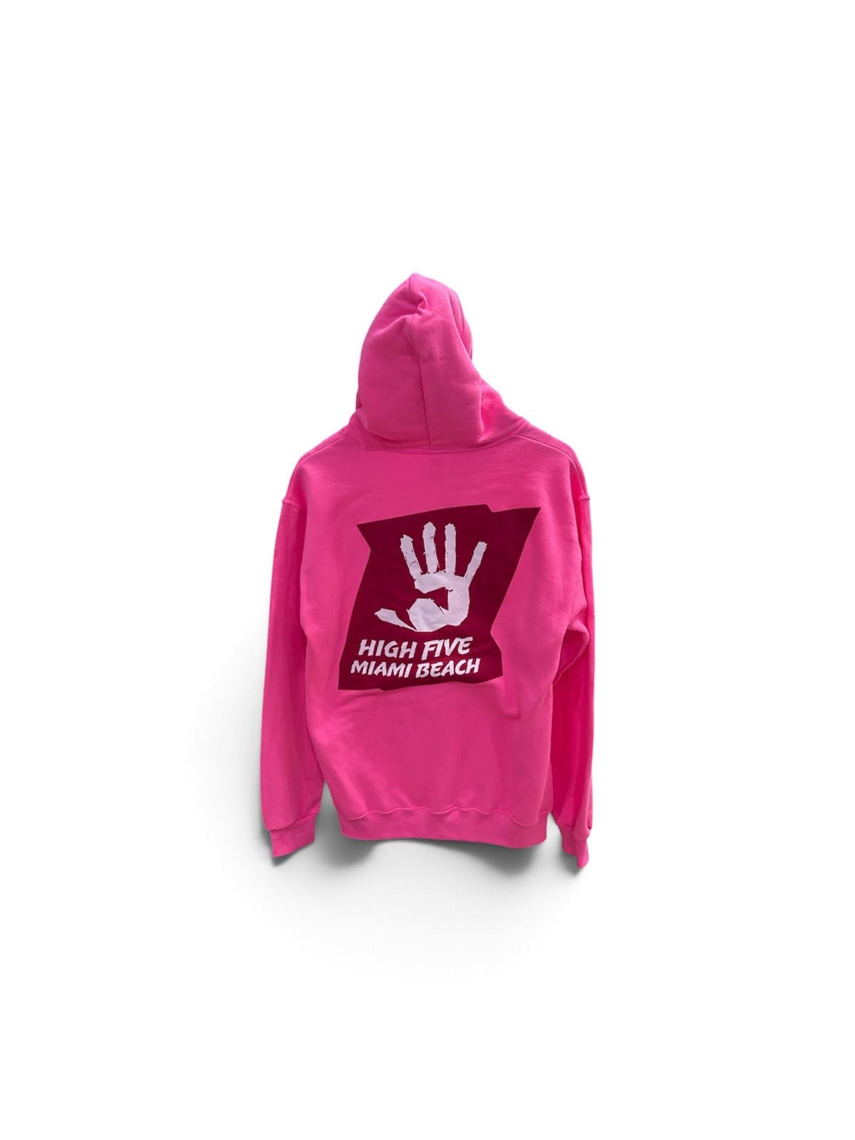 High Five pink hoodie back with large Miami Beach logo