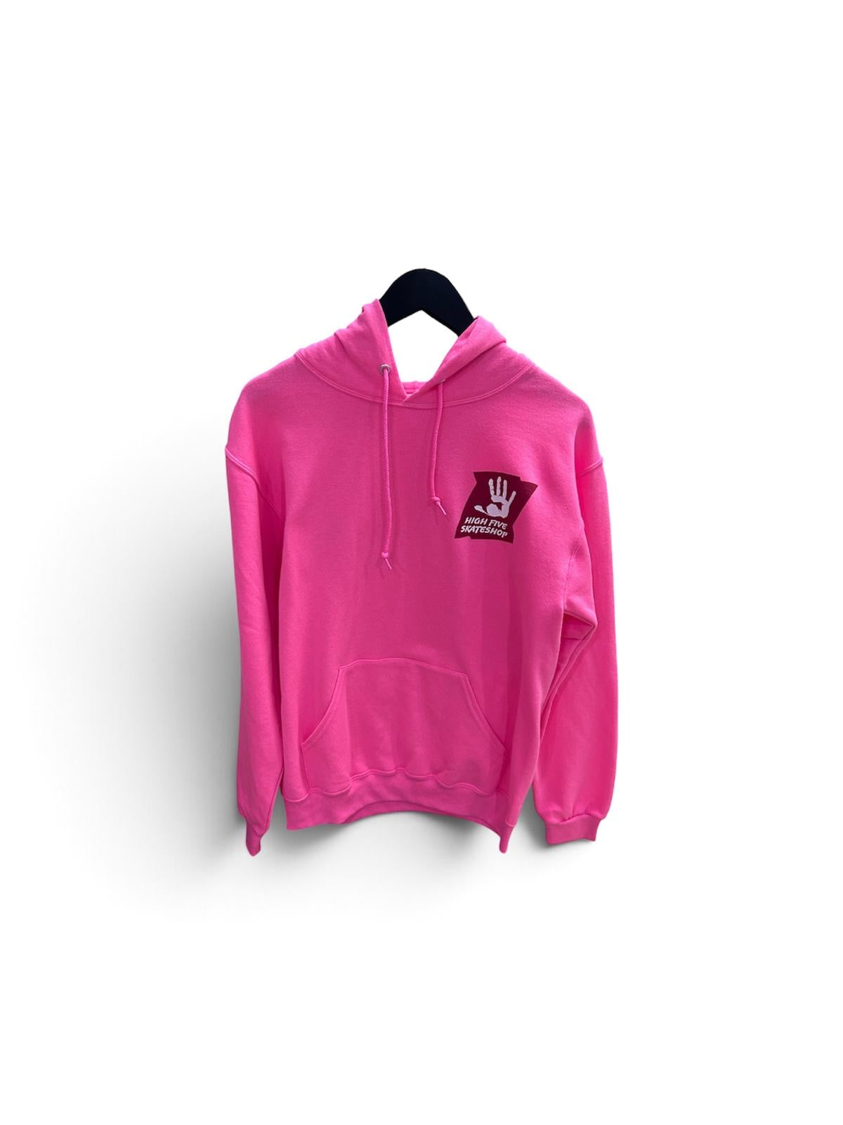 High Five pink pullover hoodie front with logo and kangaroo pocket