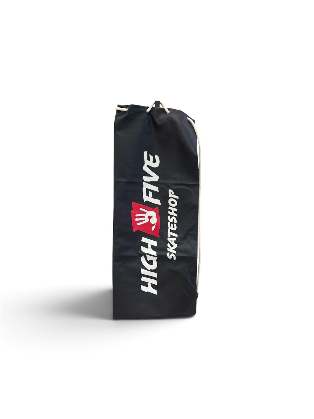 Black High Five skateboard carry bag with red and white logo and drawstring