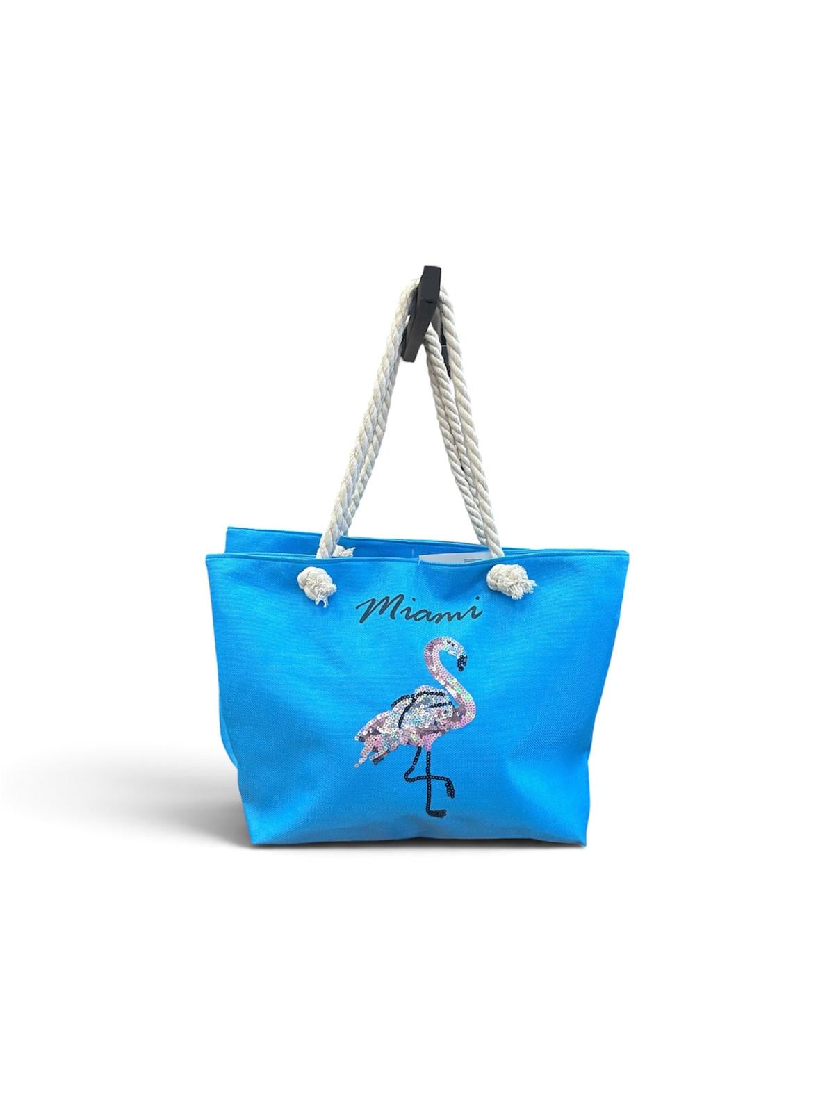 Miami flamingo turquoise beach tote front with white rope handles