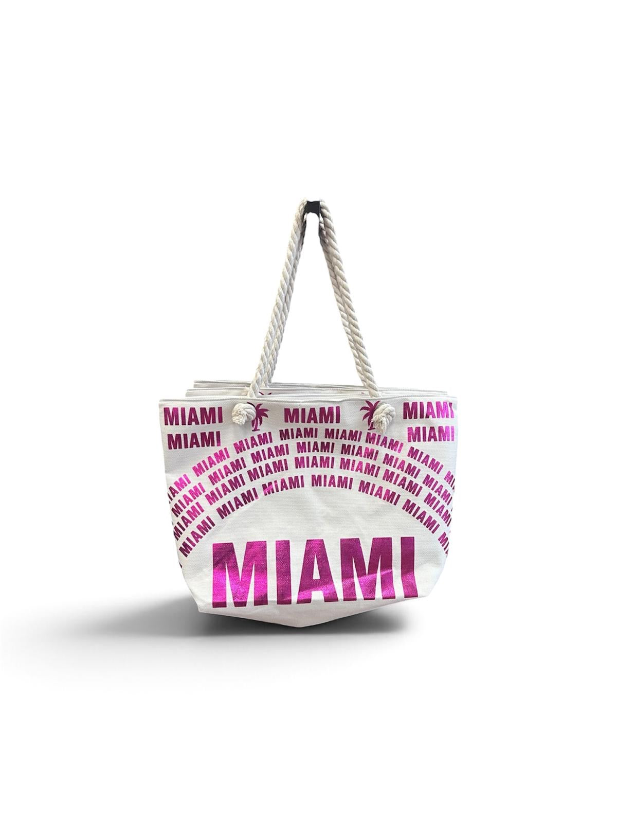 White Miami beach tote with pink lettering, front