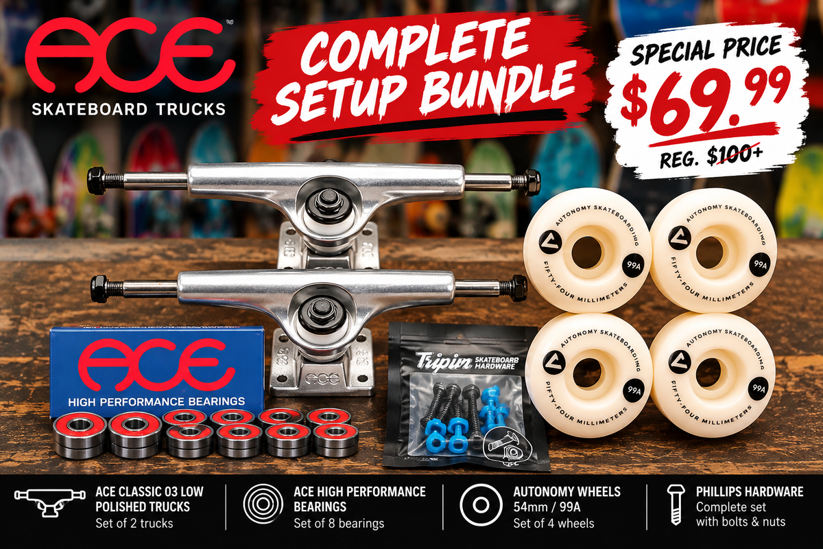 Skateboard setup bundle special price $69.99 with Ace trucks, bearings, Autonomy 54mm 99A wheels, and Phillips hardware
